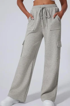 Online Dear-Lover Multi Pockets Lace-up High Waist Wide Leg Workout Pants Light Grey