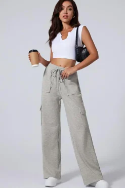 Online Dear-Lover Multi Pockets Lace-up High Waist Wide Leg Workout Pants Light Grey