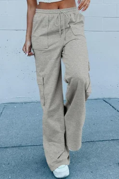 Online Dear-Lover Multi Pockets Lace-up High Waist Wide Leg Workout Pants Light Grey