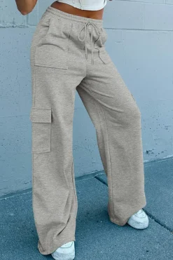 Online Dear-Lover Multi Pockets Lace-up High Waist Wide Leg Workout Pants Light Grey