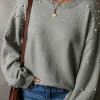 Best Dear-Lover Pearled Drop Shoulder Round Neck Sweater Light Grey