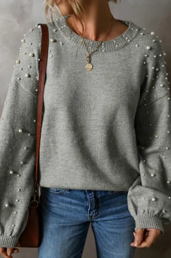 Best Dear-Lover Pearled Drop Shoulder Round Neck Sweater Light Grey