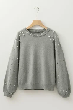 Best Dear-Lover Pearled Drop Shoulder Round Neck Sweater Light Grey