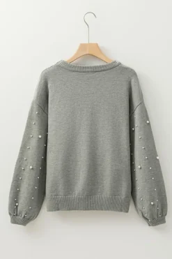 Best Dear-Lover Pearled Drop Shoulder Round Neck Sweater Light Grey