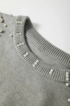 Best Dear-Lover Pearled Drop Shoulder Round Neck Sweater Light Grey