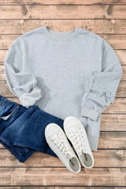 Best Dear-Lover Plain Drop Shoulder Crewneck Pullover Sweatshirt Light Grey