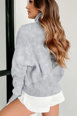 Clearance Dear-Lover Quarter Zip Stand Neck Kangaroo Pocket Sweatshirt Light Grey