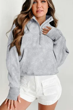 Clearance Dear-Lover Quarter Zip Stand Neck Kangaroo Pocket Sweatshirt Light Grey