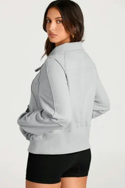 Clearance Dear-Lover Quarter Zip Stand Neck Kangaroo Pocket Sweatshirt Light Grey