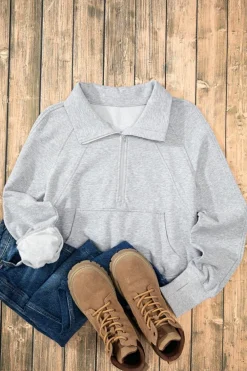 Clearance Dear-Lover Quarter Zip Stand Neck Kangaroo Pocket Sweatshirt Light Grey