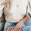 Hot Dear-Lover Rhinestone Pearl Puff Half Sleeve Top Light Grey