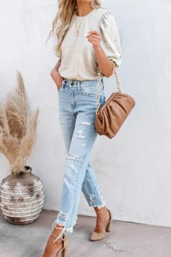 Hot Dear-Lover Rhinestone Pearl Puff Half Sleeve Top Light Grey