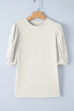 Hot Dear-Lover Rhinestone Pearl Puff Half Sleeve Top Light Grey
