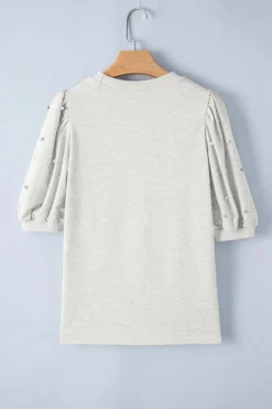 Hot Dear-Lover Rhinestone Pearl Puff Half Sleeve Top Light Grey