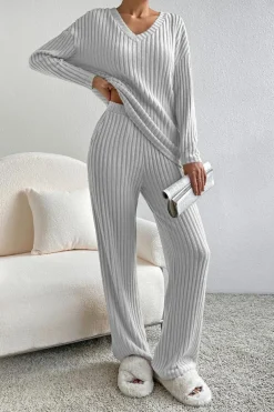 New Dear-Lover Ribbed Knit V Neck Slouchy Two-piece Outfit Light Grey