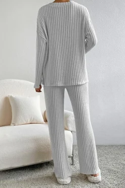 New Dear-Lover Ribbed Knit V Neck Slouchy Two-piece Outfit Light Grey