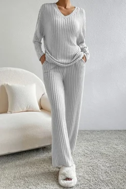 New Dear-Lover Ribbed Knit V Neck Slouchy Two-piece Outfit Light Grey