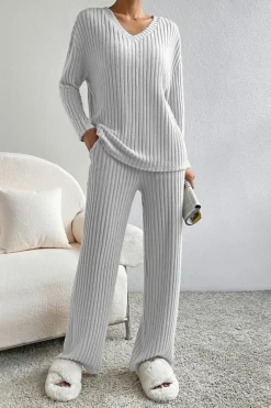 New Dear-Lover Ribbed Knit V Neck Slouchy Two-piece Outfit Light Grey