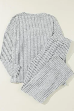 New Dear-Lover Ribbed Knit V Neck Slouchy Two-piece Outfit Light Grey