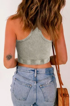 Hot Dear-Lover Ribbed Mineral Wash Racerback Cropped Tank Top Light Grey