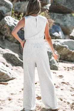 Sale Dear-Lover Solid Color Crew Neck Drawstring High Waist Sleeveless Jumpsuit Light Grey