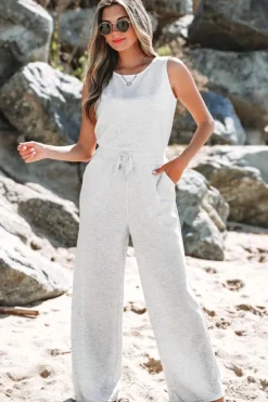 Sale Dear-Lover Solid Color Crew Neck Drawstring High Waist Sleeveless Jumpsuit Light Grey