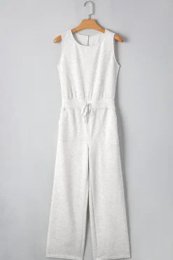 Sale Dear-Lover Solid Color Crew Neck Drawstring High Waist Sleeveless Jumpsuit Light Grey