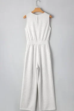 Sale Dear-Lover Solid Color Crew Neck Drawstring High Waist Sleeveless Jumpsuit Light Grey
