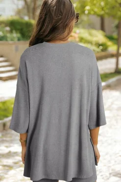 Sale Dear-Lover Solid Color Loose Tunic Top and Slim Shorts Set Light Grey