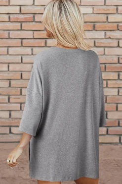 Sale Dear-Lover Solid Color Loose Tunic Top and Slim Shorts Set Light Grey