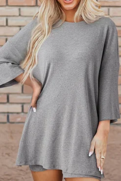 Sale Dear-Lover Solid Color Loose Tunic Top and Slim Shorts Set Light Grey