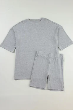 Sale Dear-Lover Solid Color Loose Tunic Top and Slim Shorts Set Light Grey