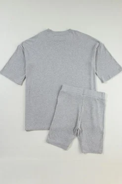 Sale Dear-Lover Solid Color Loose Tunic Top and Slim Shorts Set Light Grey