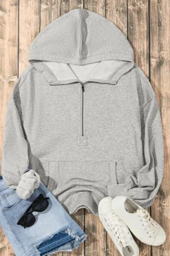 Clearance Dear-Lover Solid Kangaroo Pocket Half Zipper Oversized Hoodie Light Grey