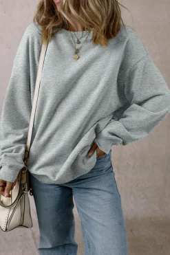 Best Dear-Lover Solid Loose Crew Neck Fleece Sweatshirt Light Grey