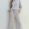 New Dear-Lover Solid Textured Collared V Neck Top and Wide Leg Pants Set Light Grey