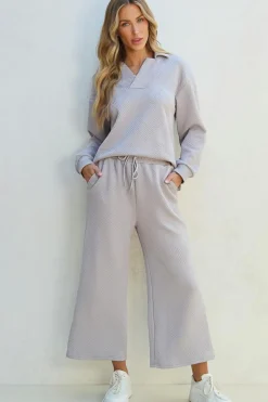 New Dear-Lover Solid Textured Collared V Neck Top and Wide Leg Pants Set Light Grey