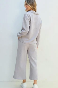 New Dear-Lover Solid Textured Collared V Neck Top and Wide Leg Pants Set Light Grey