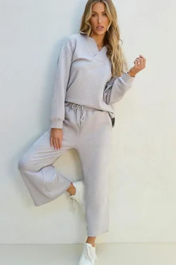New Dear-Lover Solid Textured Collared V Neck Top and Wide Leg Pants Set Light Grey