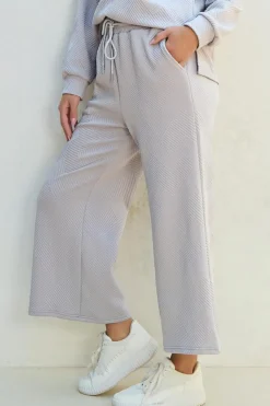 New Dear-Lover Solid Textured Collared V Neck Top and Wide Leg Pants Set Light Grey
