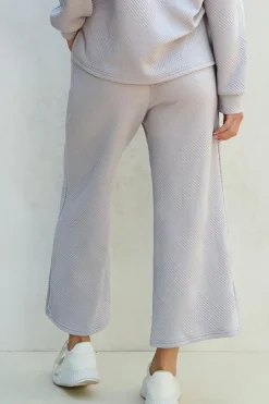 New Dear-Lover Solid Textured Collared V Neck Top and Wide Leg Pants Set Light Grey