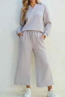 New Dear-Lover Solid Textured Collared V Neck Top and Wide Leg Pants Set Light Grey