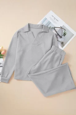 New Dear-Lover Solid Textured Collared V Neck Top and Wide Leg Pants Set Light Grey
