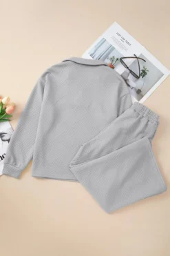 New Dear-Lover Solid Textured Collared V Neck Top and Wide Leg Pants Set Light Grey