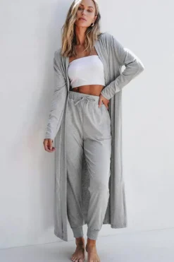 Sale Dear-Lover Split Long Cardigan and Skinny Pants Lounge Set Light Grey