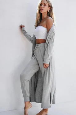 Sale Dear-Lover Split Long Cardigan and Skinny Pants Lounge Set Light Grey
