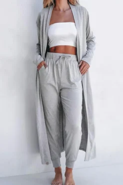 Sale Dear-Lover Split Long Cardigan and Skinny Pants Lounge Set Light Grey