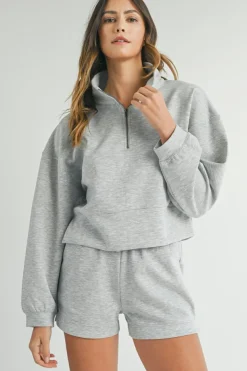 Discount Dear-Lover Stand Neck Zipped Sweatshirt and Shorts Set Light Grey