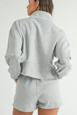 Discount Dear-Lover Stand Neck Zipped Sweatshirt and Shorts Set Light Grey