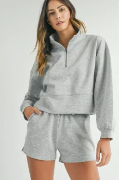 Discount Dear-Lover Stand Neck Zipped Sweatshirt and Shorts Set Light Grey
